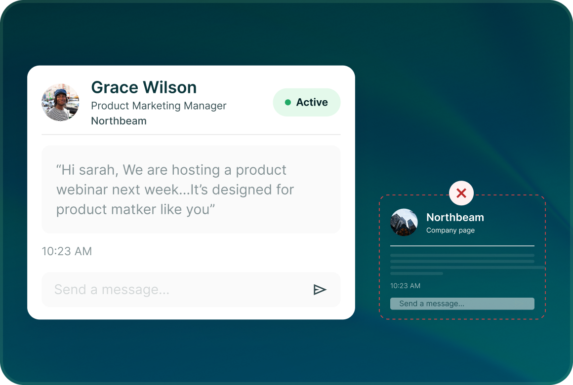 A LinkedIn conversation with Grace Wilson, Product Marketing Manager at Northbeam, marked Active, with a draft message about a product webinar next week