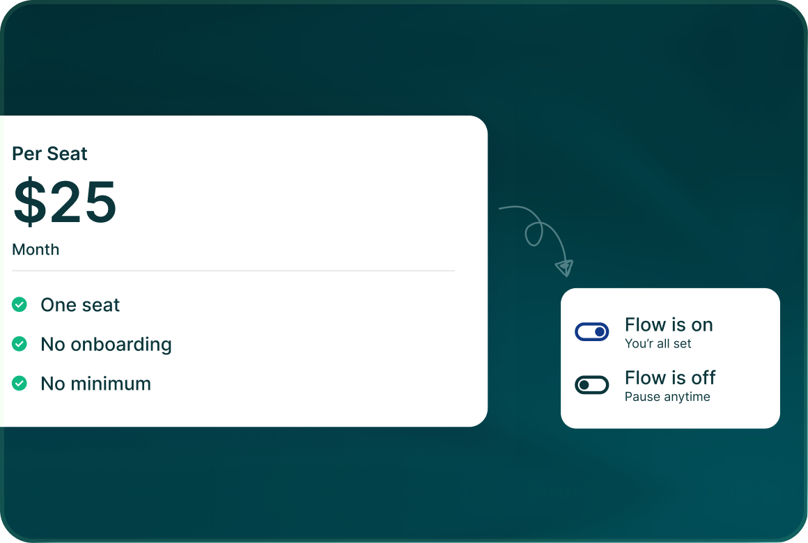 A Per Seat price of $25 per month with One seat, No onboarding and No minimum, beside Flow is on and Flow is off switches