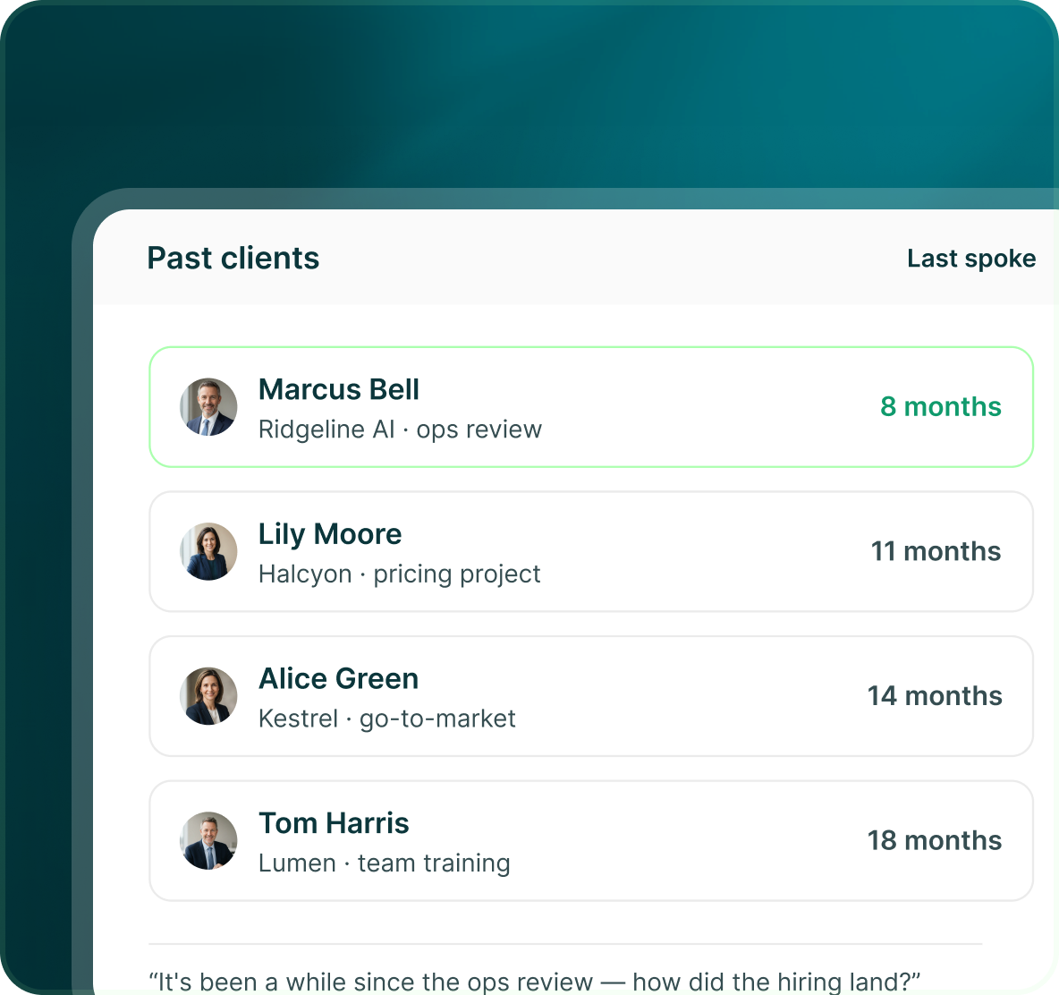 A Past clients list with Marcus Bell, Lily Moore, Alice Green and Tom Harris, each with their project and the months since the last conversation, and a draft message to Marcus
