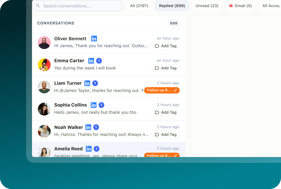 A Unibox inbox filtered to Replied conversations, showing Oliver Bennett, Emma Carter, Liam Turner, Sophia Collins, Noah Walker and Amelia Reed with tags and a Follow up label