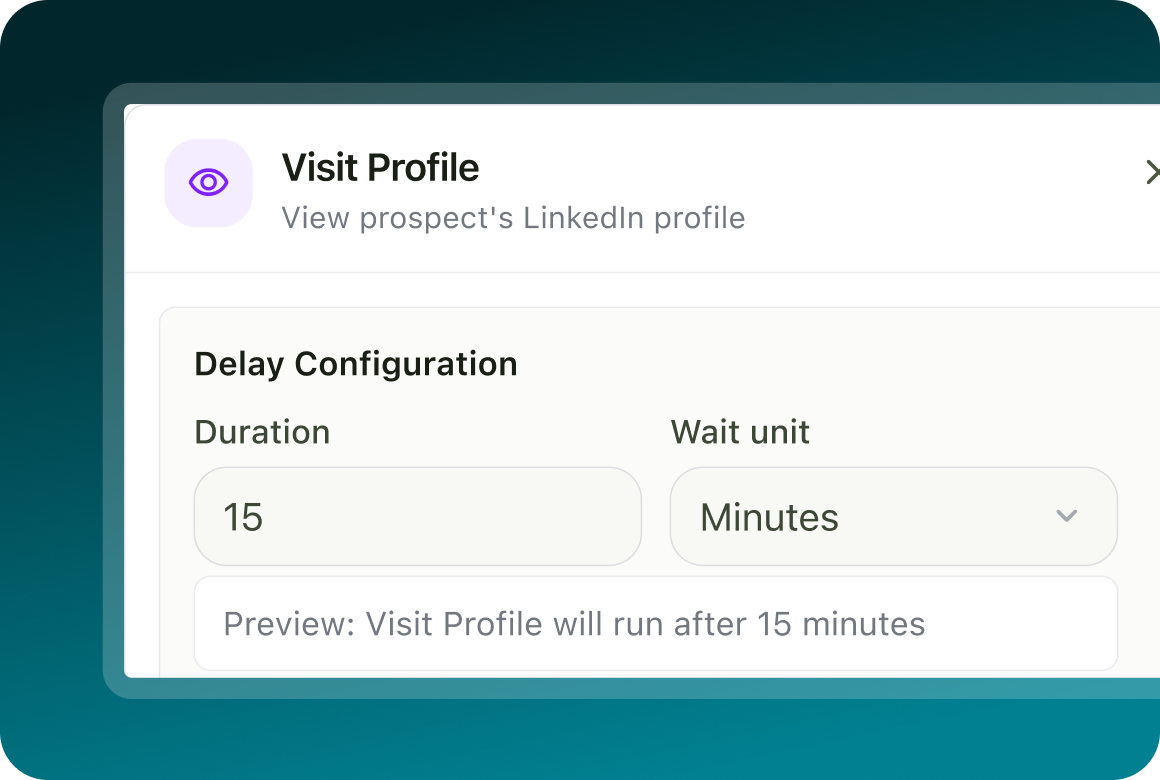 A Visit Profile action, View prospect's LinkedIn profile, with a Delay Configuration of 15 minutes and the preview Visit Profile will run after 15 minutes