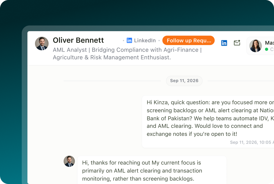 A conversation with Oliver Bennett, AML Analyst, marked Follow up Required, with two messages exchanged on Sep 11, 2026