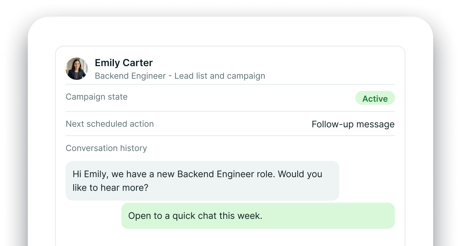 A candidate record for Emily Carter, Backend Engineer, showing campaign state Active, the next scheduled action Follow-up message and the conversation history