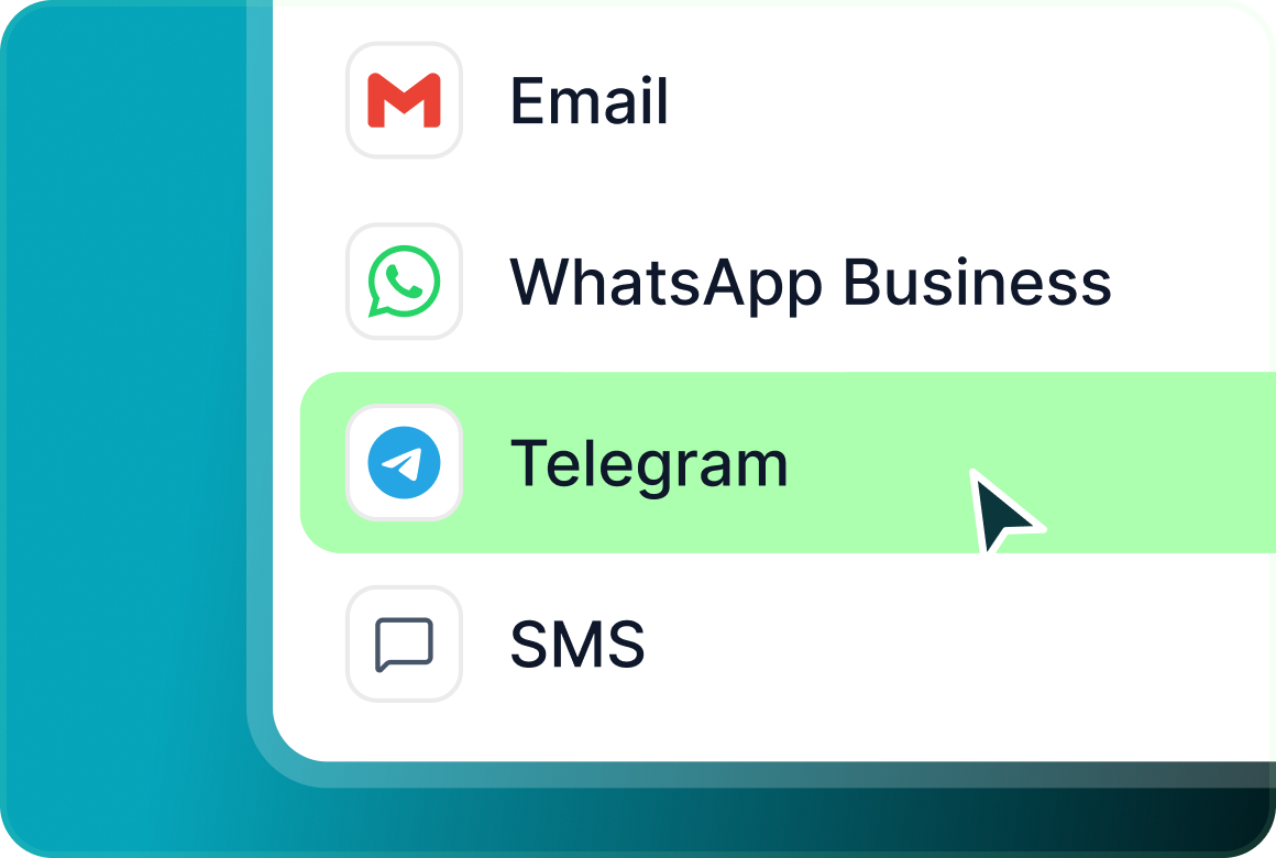 A channel list with Email, WhatsApp Business, Telegram highlighted and SMS