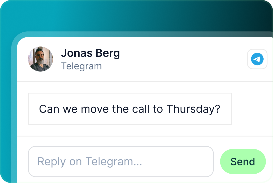 A Telegram conversation with Jonas Berg asking to move the call to Thursday, with a Reply on Telegram box and Send button