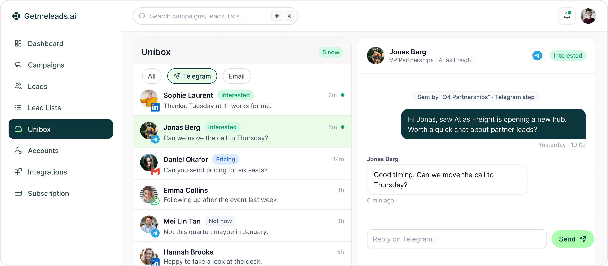 Unibox filtered to Telegram, showing a conversation with Jonas Berg marked Interested, a message sent from the Q4 Partnerships Telegram step, his reply and a Reply on Telegram box