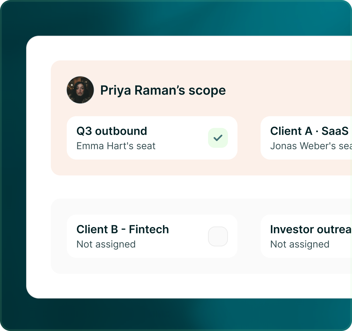 Priya Raman’s scope listing the campaigns assigned to her, such as Q3 outbound, and the campaigns that are not assigned