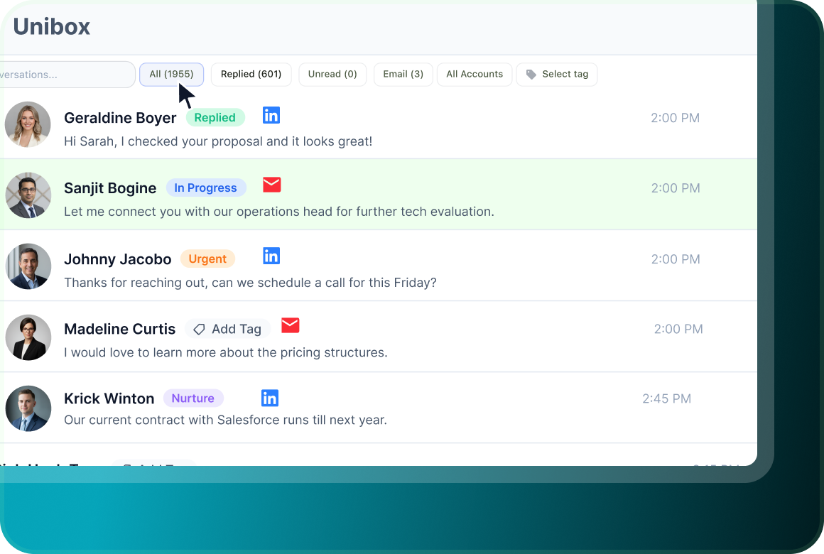 Unibox conversation list with All, Replied, Unread and Email tabs, showing Geraldine Boyer, Sanjit Bogine, Johnny Jacobo and Madeline Curtis