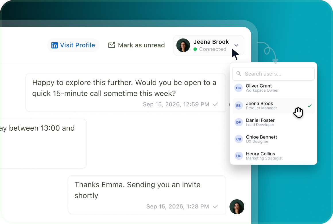 A conversation with Emma Loi and a user list for assigning the conversation, with Jeena Brook selected