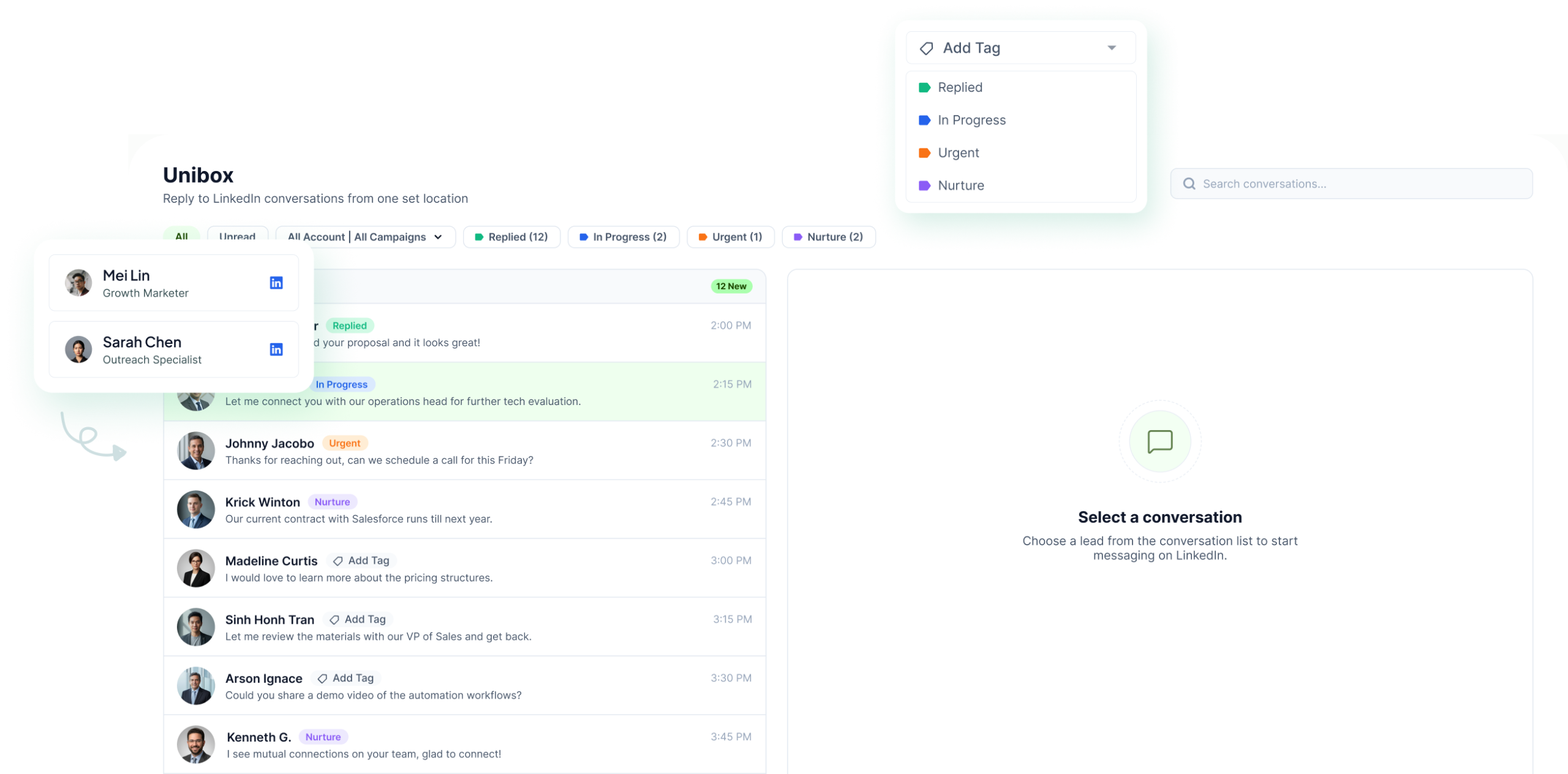 Unibox showing conversations from every seat in one list, with a tag menu open and a panel of seat accounts alongside