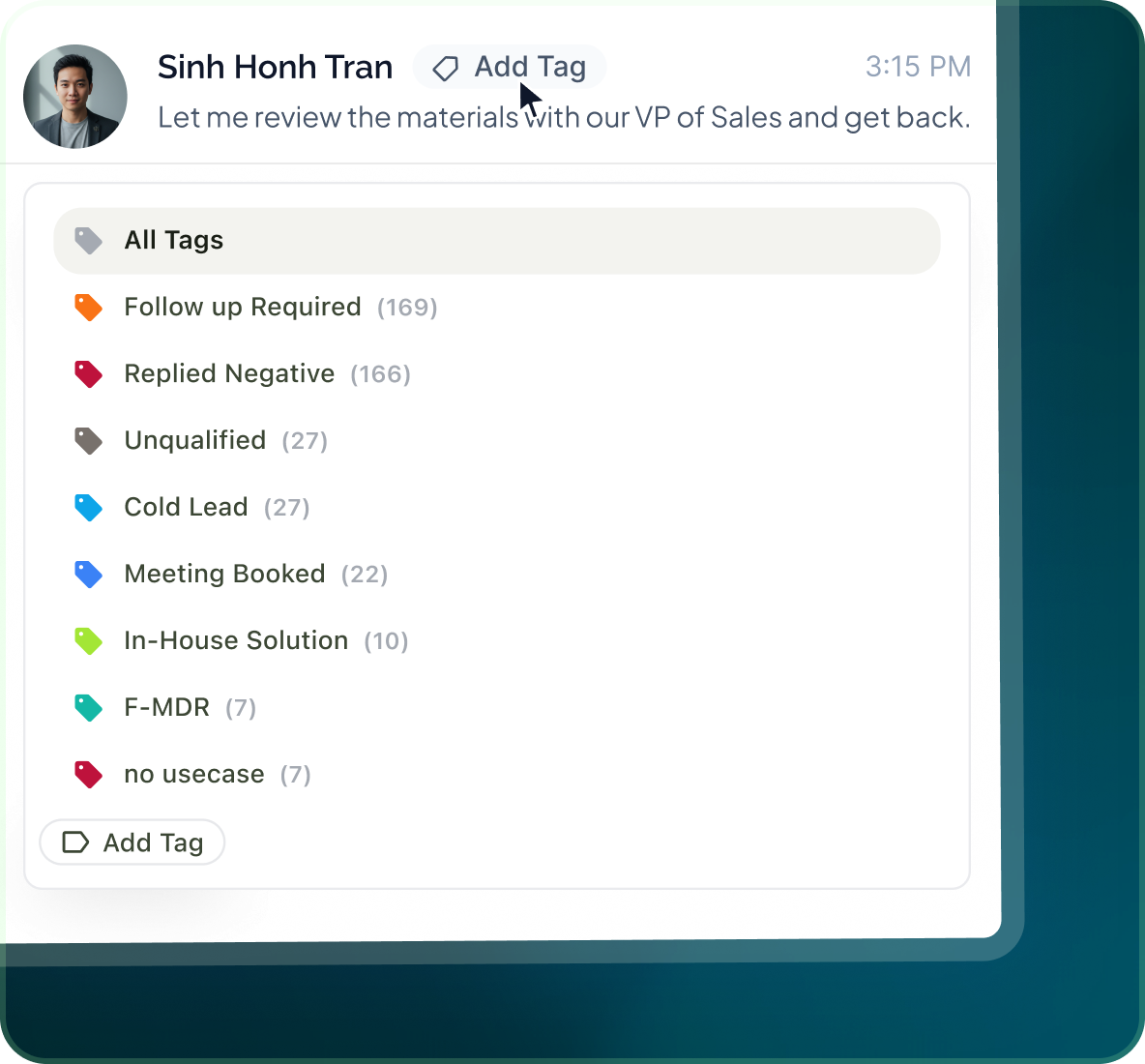A conversation with Sinh Honh Tran and an All Tags list including Follow up Required, Replied Negative, Unqualified, Cold Lead and Meeting Booked with counts