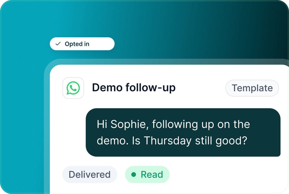 A WhatsApp Business Demo follow-up template message marked Opted in, Delivered and Read
