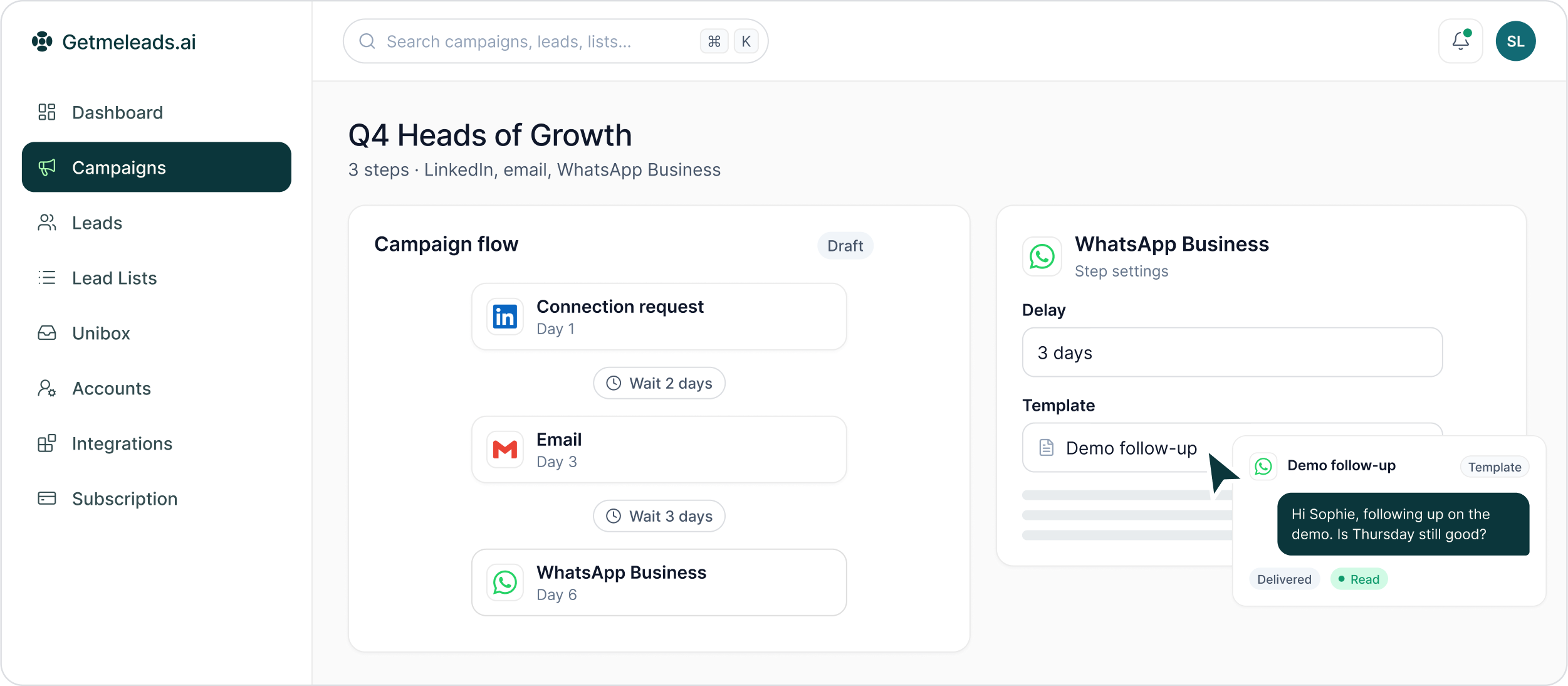 Campaign Q4 Heads of Growth with a flow of Connection request, Email and WhatsApp Business steps, and WhatsApp Business step settings showing a Demo follow-up template marked Delivered and Read