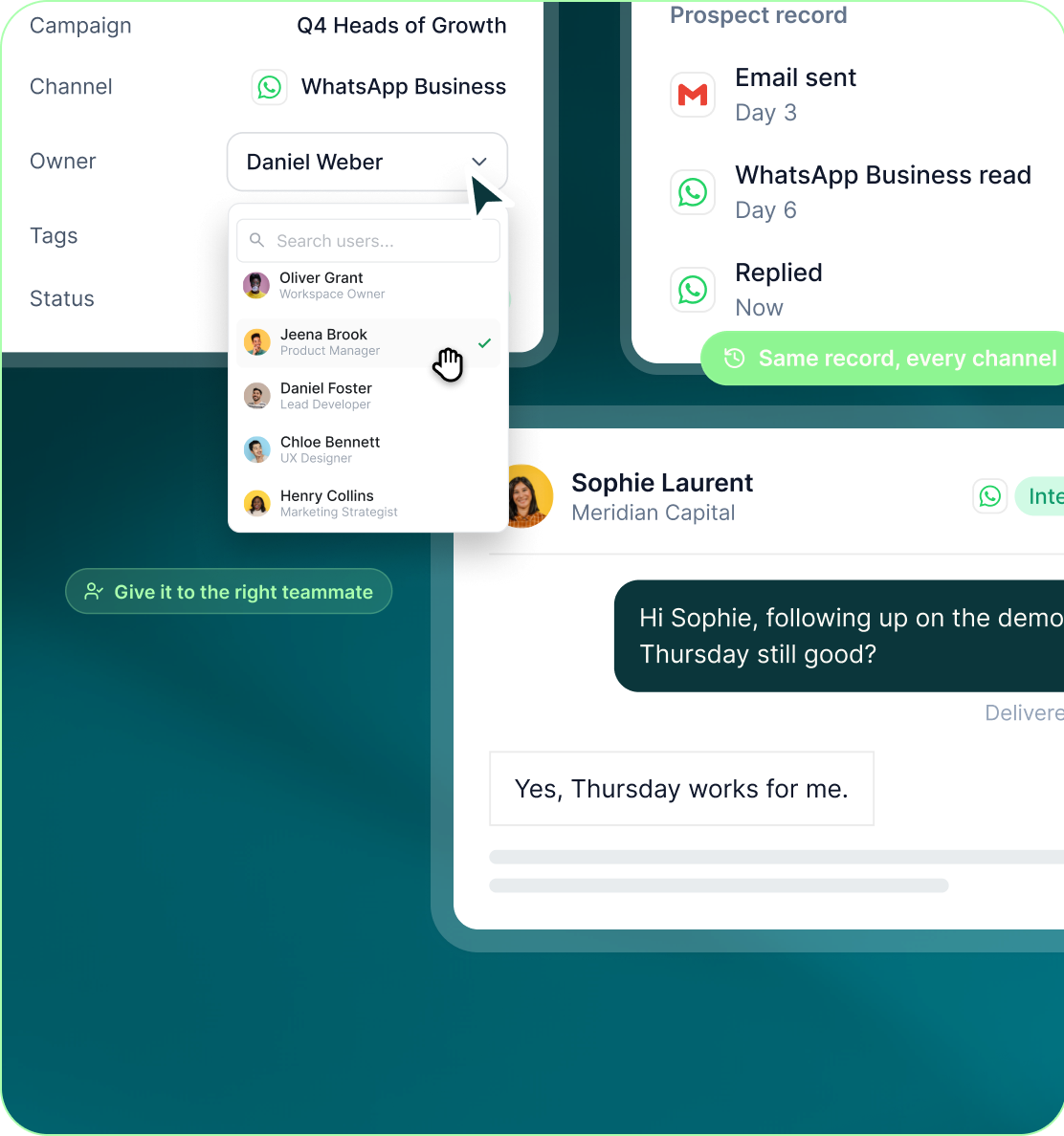 Unibox conversation with Sophie Laurent on WhatsApp Business showing campaign, channel, owner, tags and status, next to a prospect record listing the email sent, WhatsApp Business read and reply