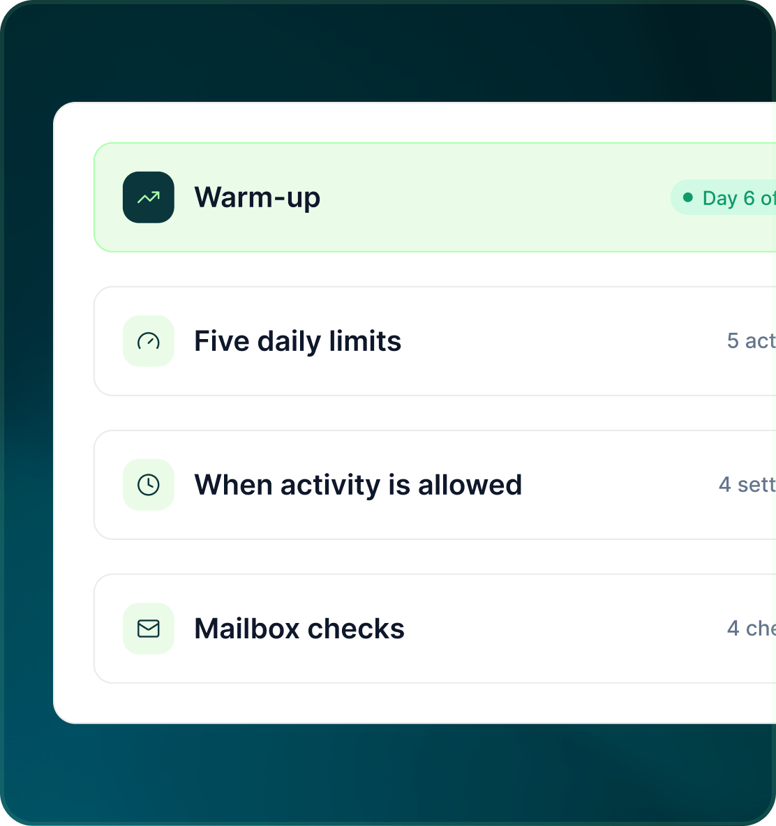 Warm-up listed with five daily limits, when activity is allowed and mailbox checks as the controls around a sender